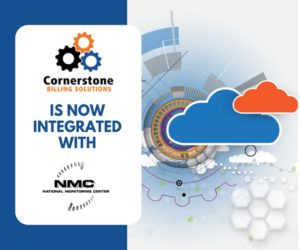Abstract images of gears and clouds. In a white box you can see the Cornerstone Billing Solutions logo and the NMC logo. It is begin promoted that these two companies are now integrated.