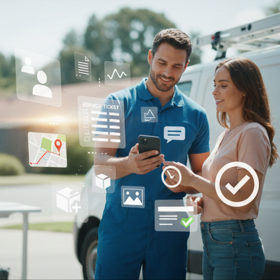 Man showing a customer information on their alarm work order mobile app.