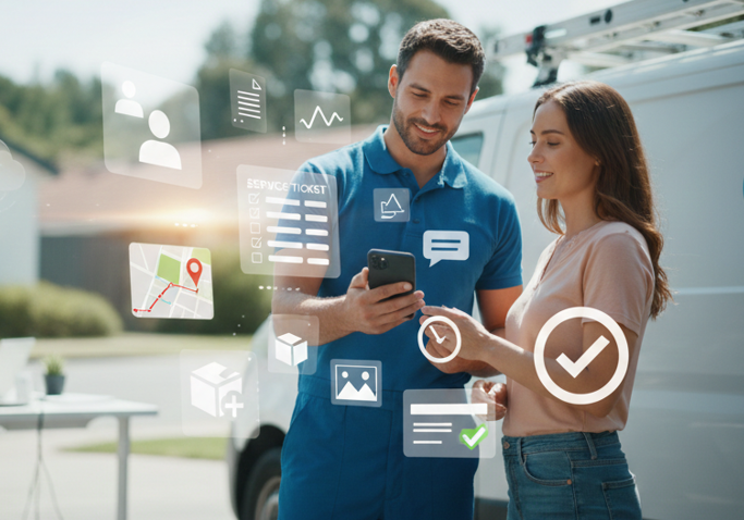 Man showing a customer information on their alarm work order mobile app.